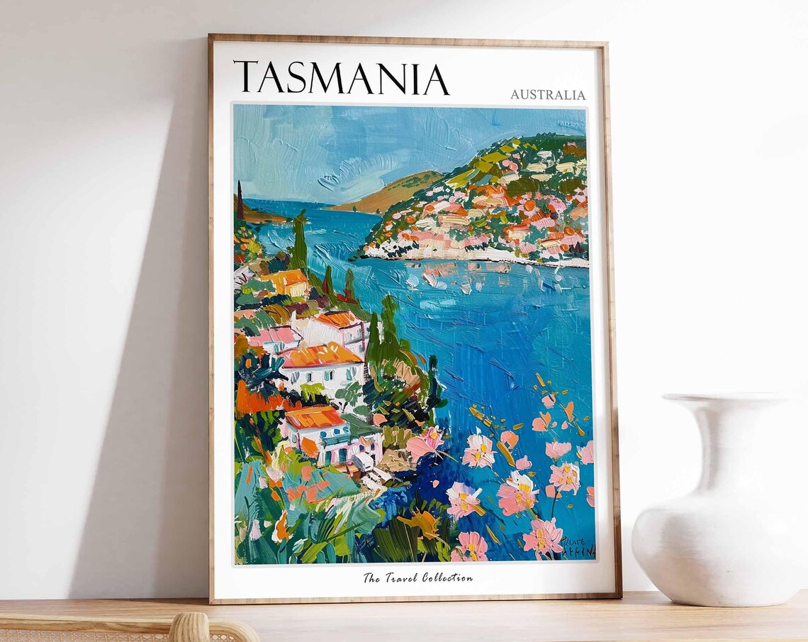 Tasmania Australia Hillside Coastal Town Wild Blooms Painting Poster
