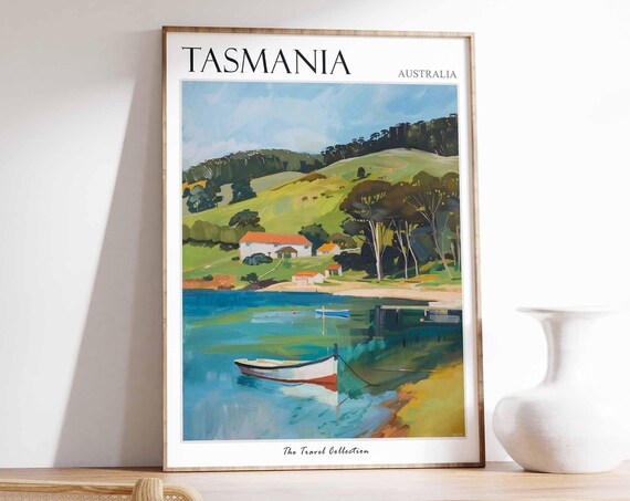 Tasmania Australia Painted Coastal Bay With Cottage Boats Poster