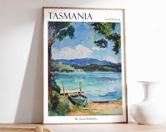Tasmania Australia Lakeside Rowboat Mountains Impressionist Poster