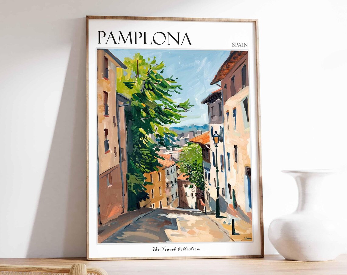 Pamplona Spain Sunlit Old Town Street Oil Painting Travel Poster