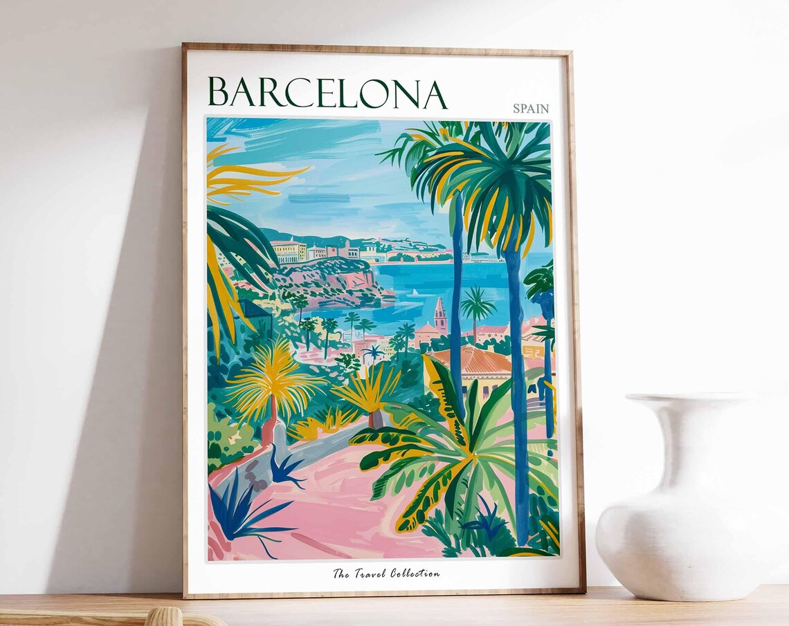 Barcelona Spain Tropical Palm Coast View Painted Travel Poster