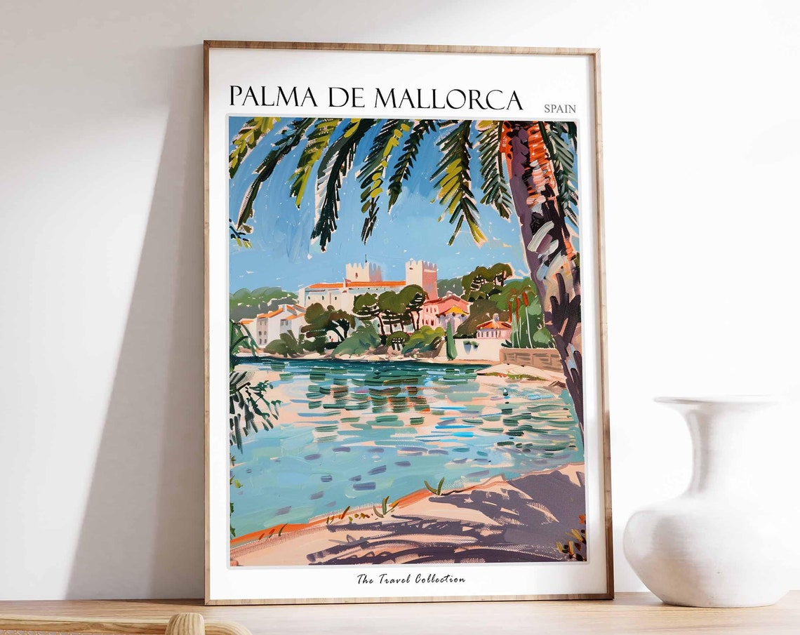 Palma de Mallorca Spain Coastal Castle and Palm Tree Art Poster