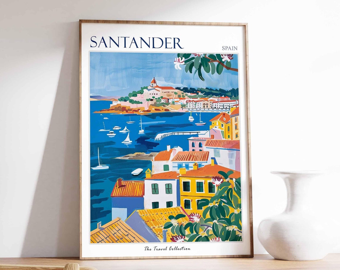 Santander Spain Harbor Colorful Buildings Painted Travel Poster Art