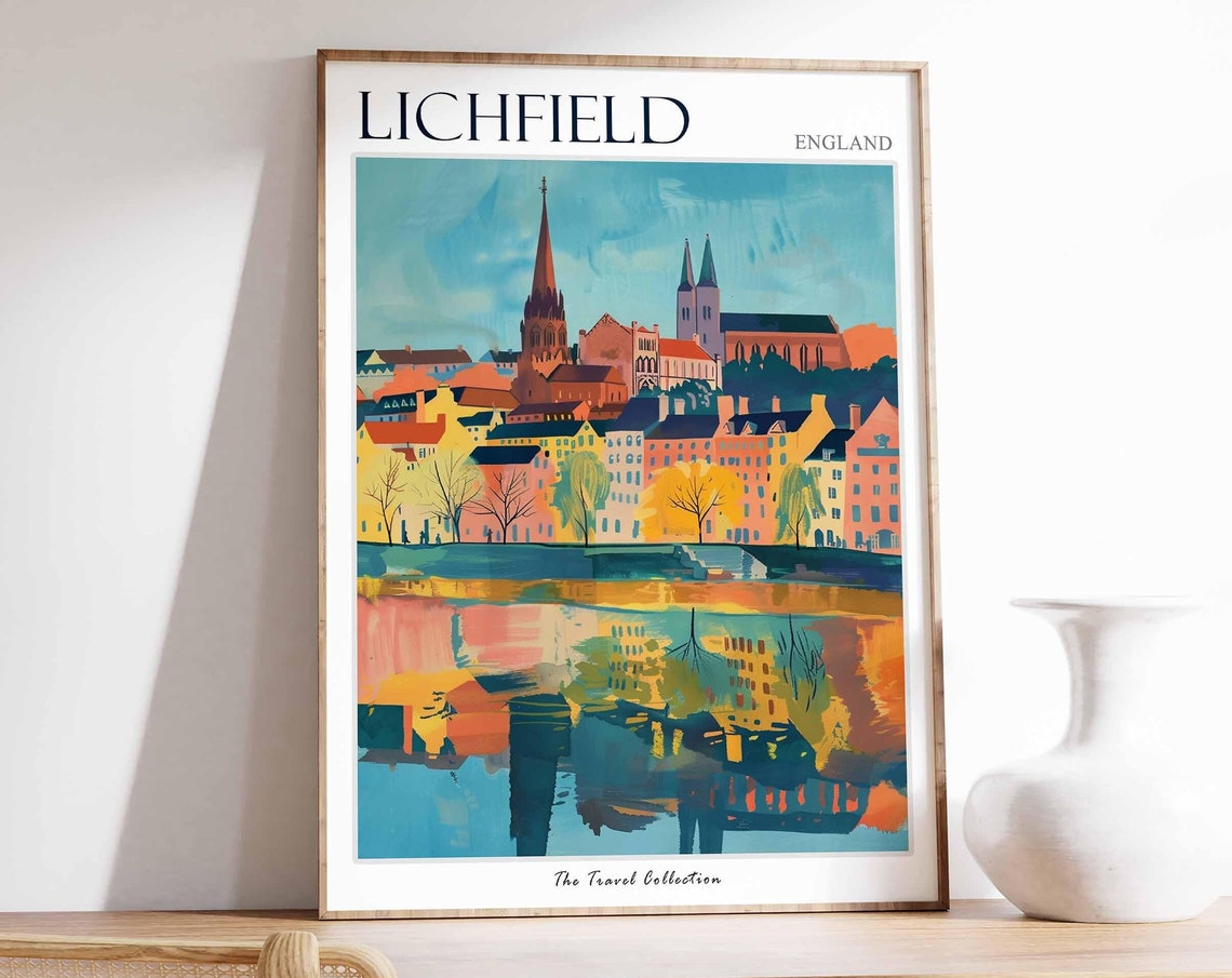 Lichfield England Cathedral Spire River Reflection Art Travel Poster