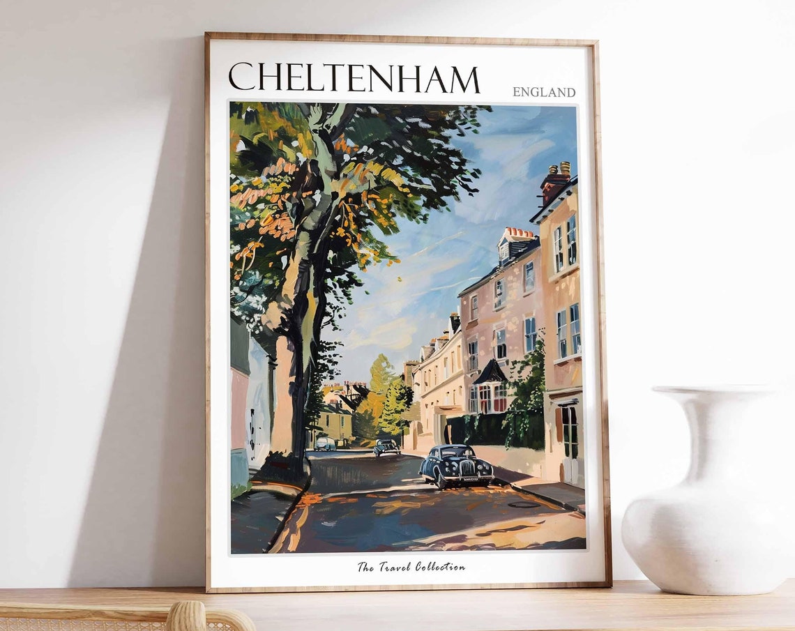Cheltenham England Tree Lined Street Classic Car Townhouses Poster