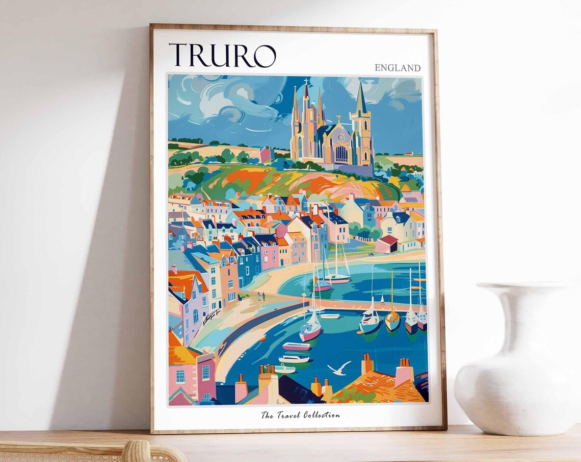 Truro Cathedral Over Colorful Harbor Town England Travel Poster