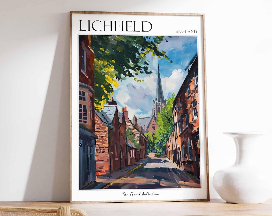 Lichfield England Leafy Street Brick Houses Church Spire Travel Poster