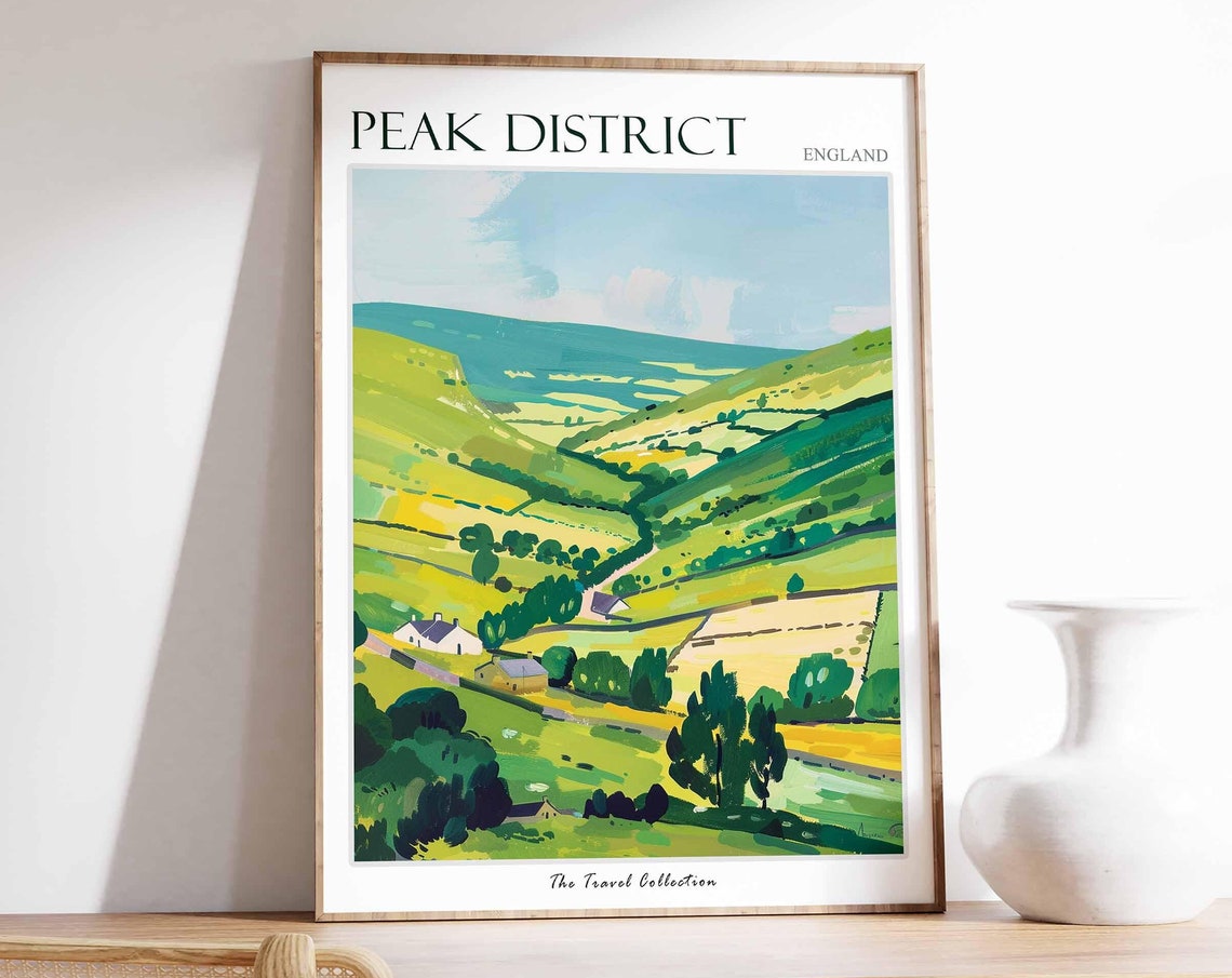 Peak District Patchwork Hills Village Cottages Travel Poster