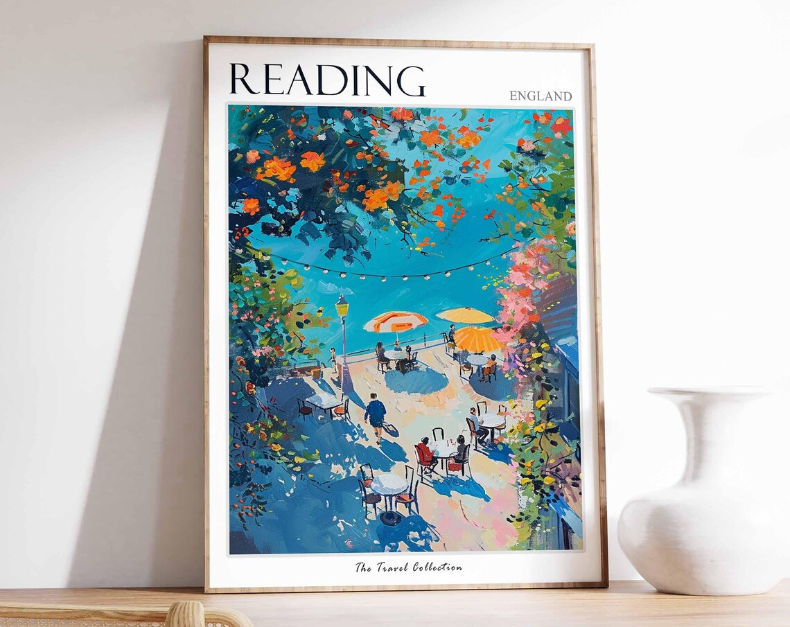 Reading England Colorful Seaside Cafe Terrace Scene Art Travel Poster