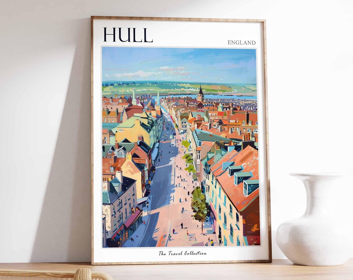 Hull England Aerial Rooftop View Old Town Street Vintage Travel Poster