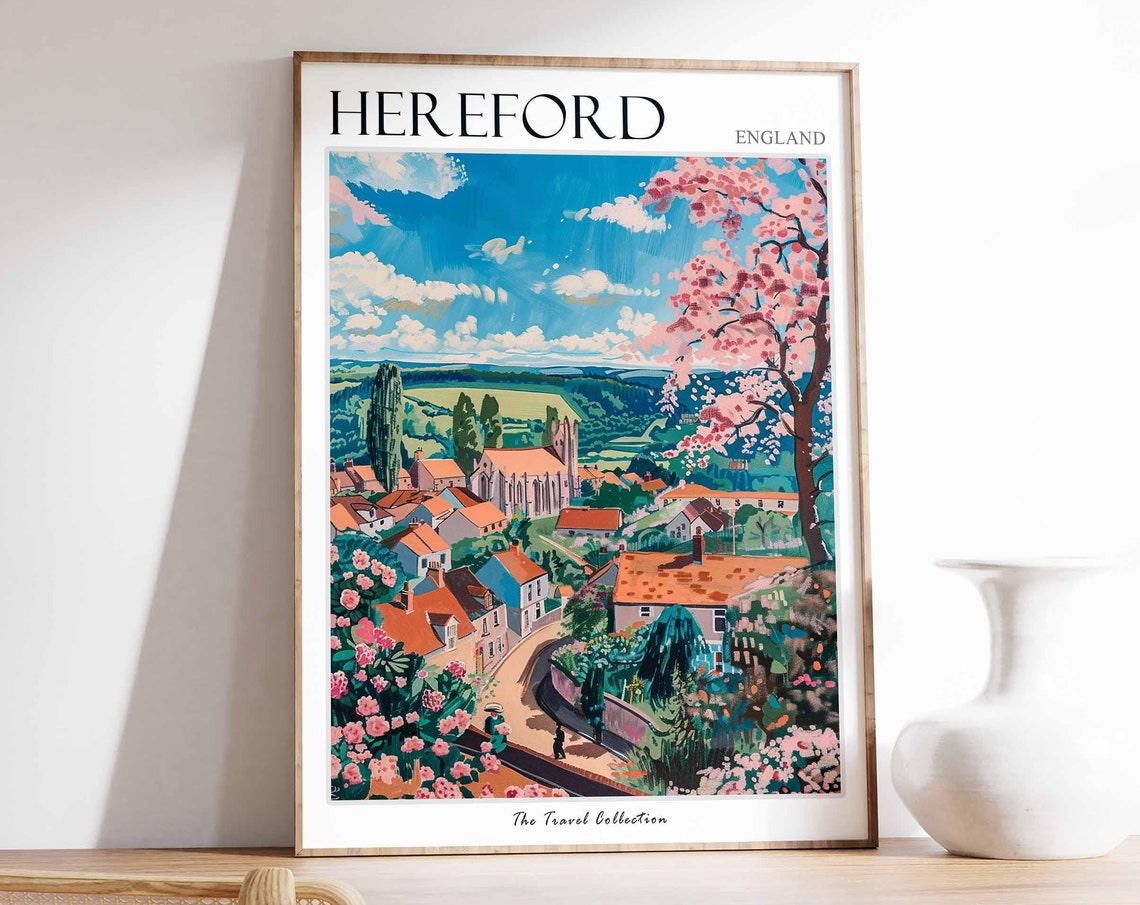 Hereford England Travel Poster Village in Bloom Cherry Blossom View