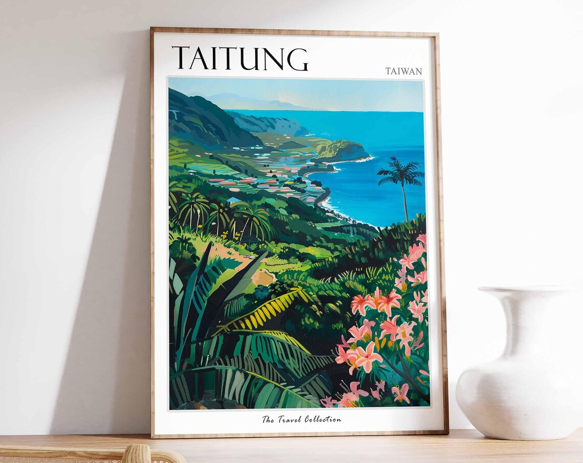 Taitung Taiwan Tropical Coastline Lush Illustrated Travel Poster