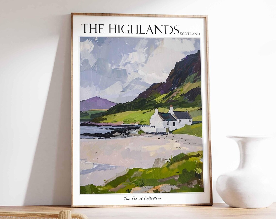 The Highlands Scotland Beach Cottage Mountain Painting Poster