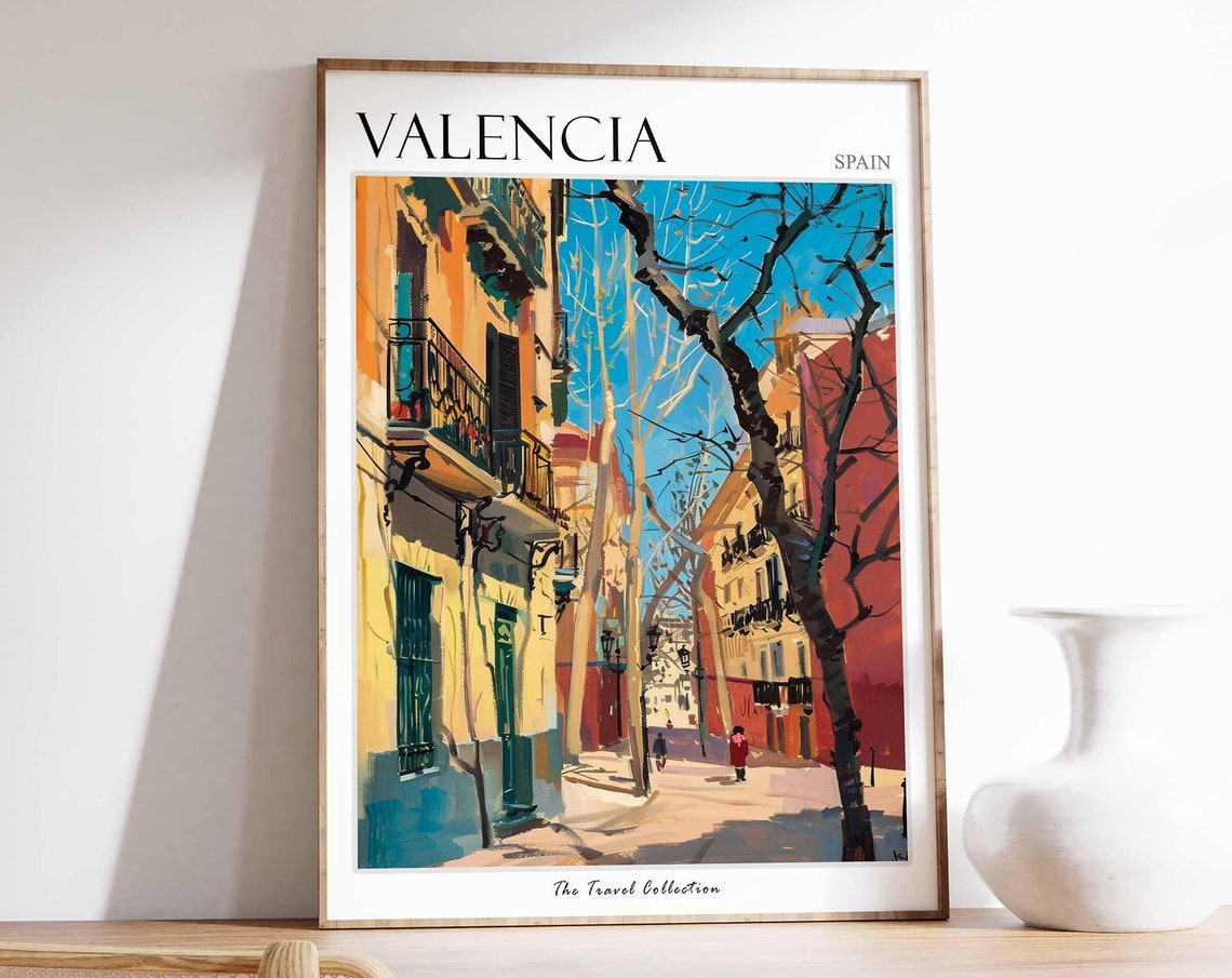 Valencia Spain Quiet Street Bare Trees Old Buildings Art Poster