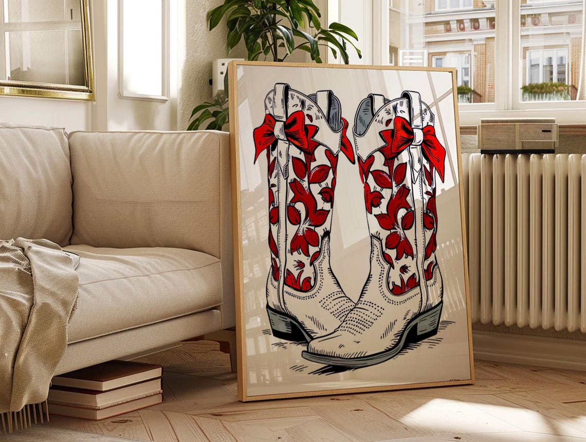 Red Floral Pattern Cowgirl Boots With Bows Western Style Poster