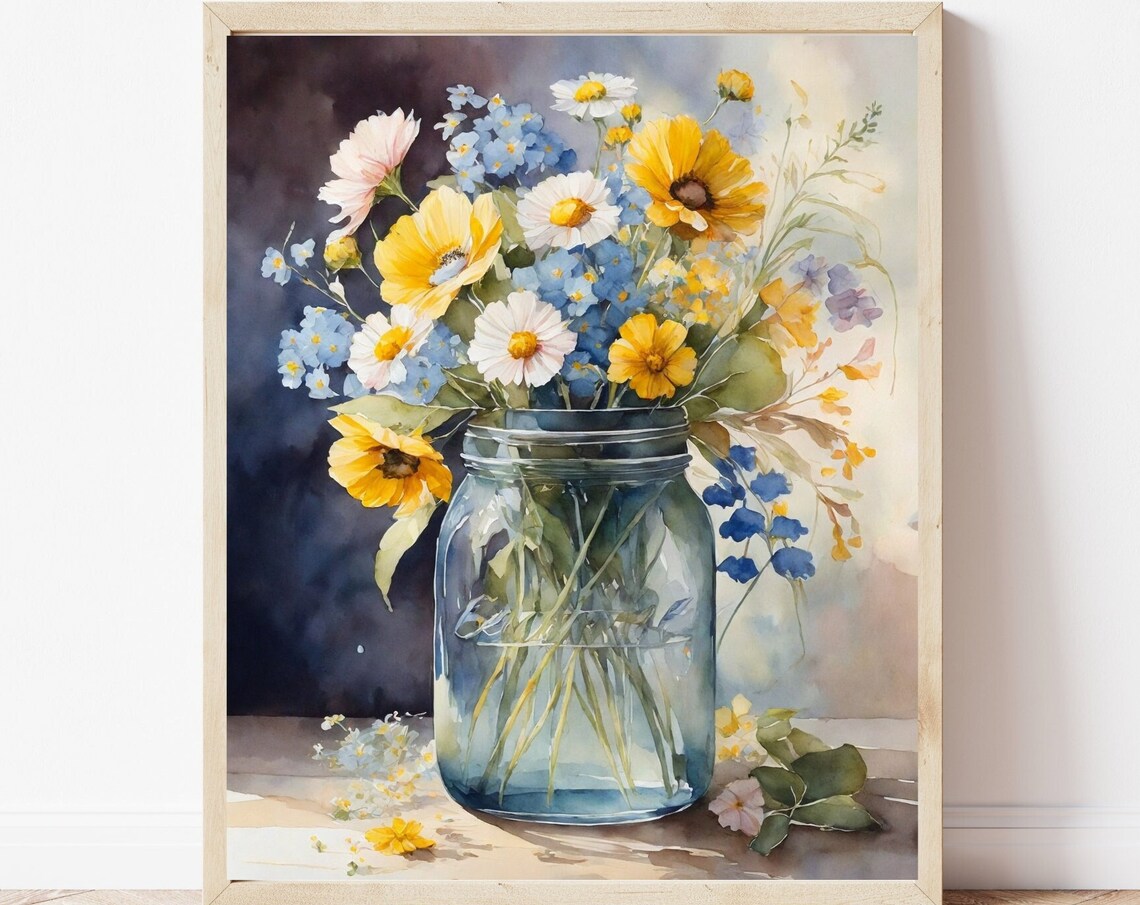 Blue and Yellow Wildflowers Glass Jar Floral Watercolor Art Poster