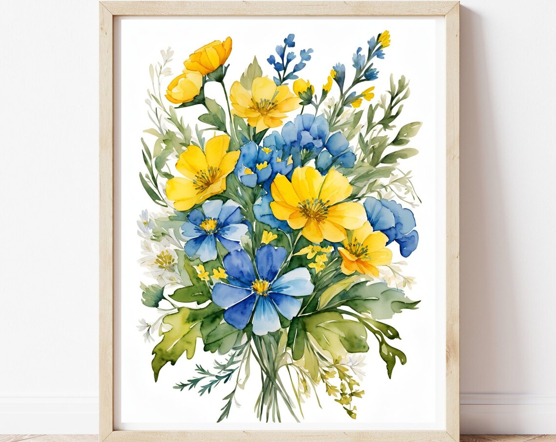 Blue and Yellow Flower Watercolor Art Print