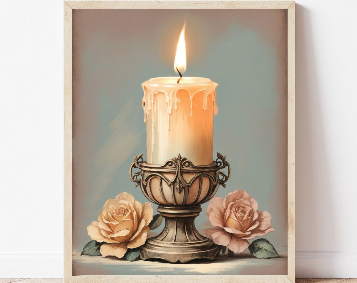 Vintage Candle and Blush Roses Romantic Still Life Painting Poster