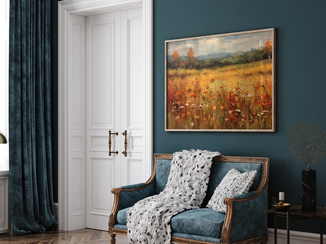 Rustic Autumn Wildflower Meadow Oil Painting Farmhouse Art Print - Image 3