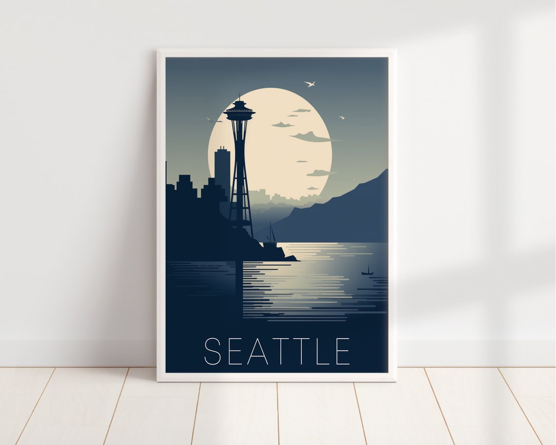 Seattle Space Needle Moonlit Skyline Retro City Travel Poster