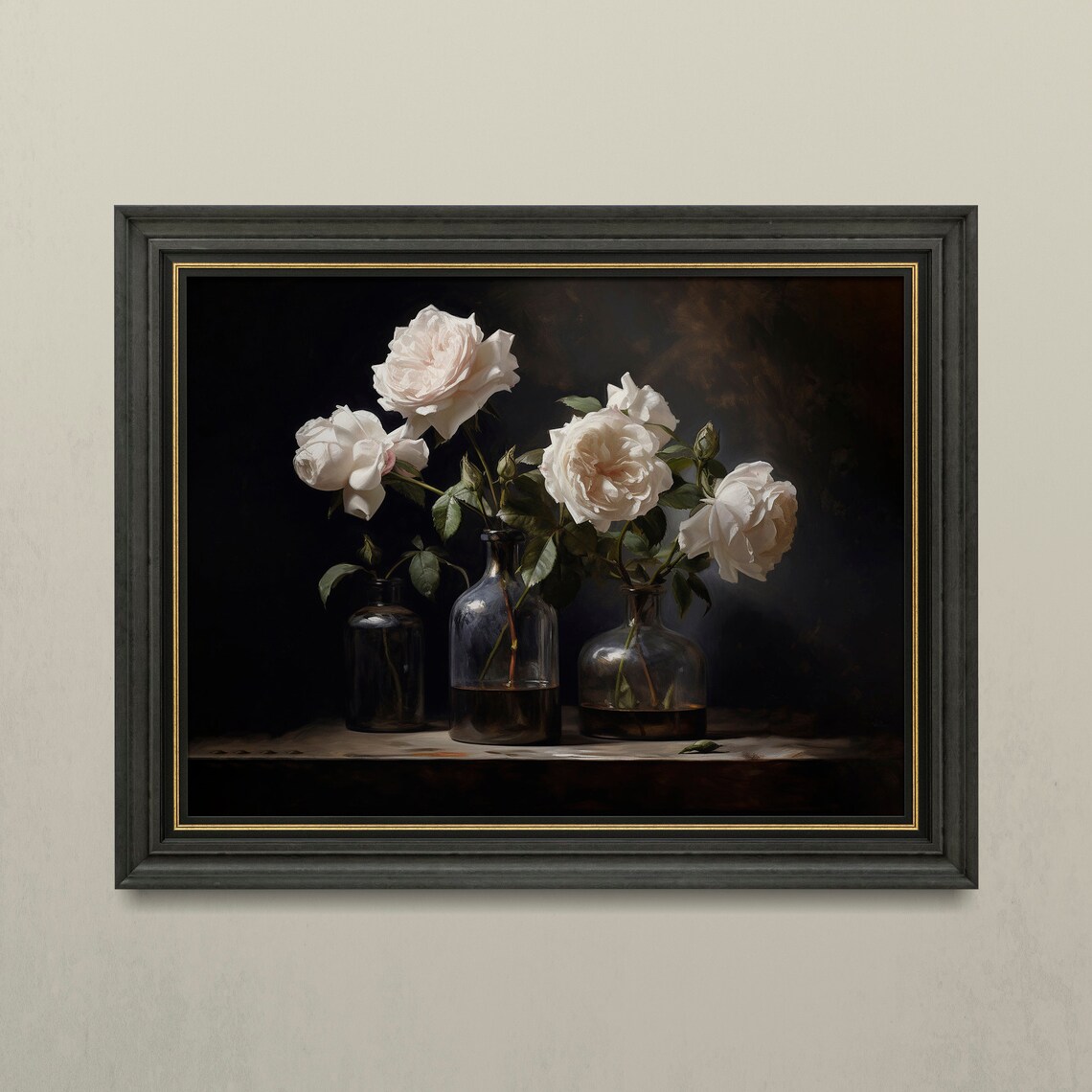 White Roses Dark Moody Floral Still Life Oil Painting Poster
