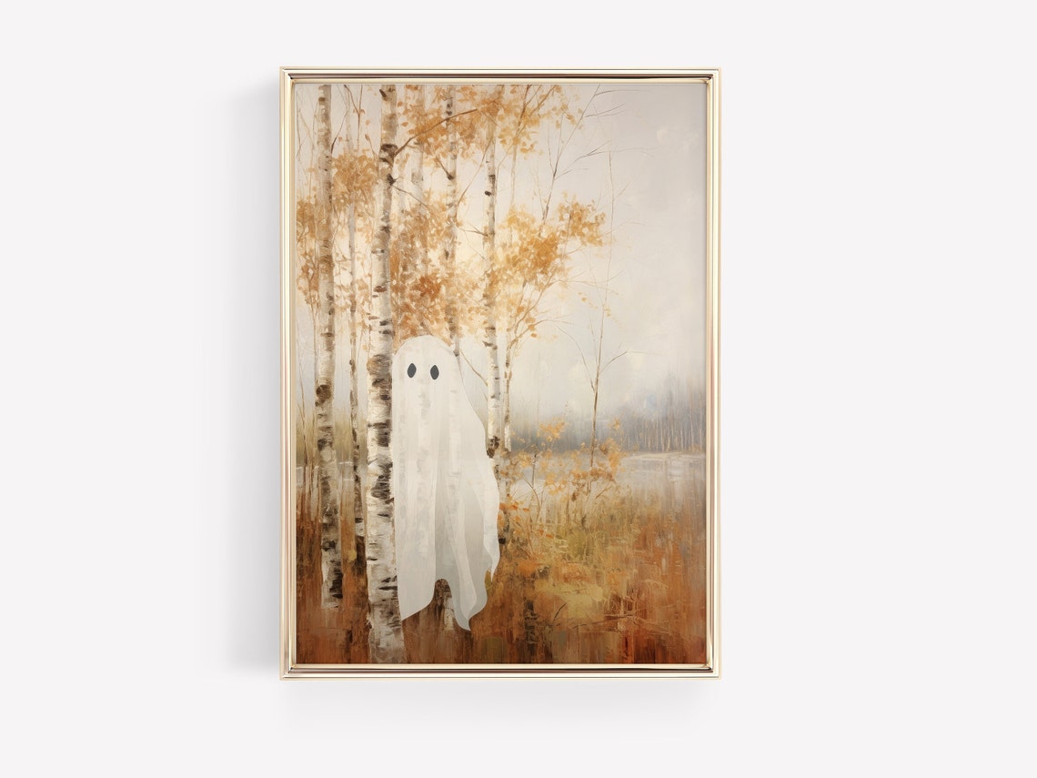 Cute Shy Ghost Hiding Behind Birch Tree Autumn Halloween Poster - Image 4