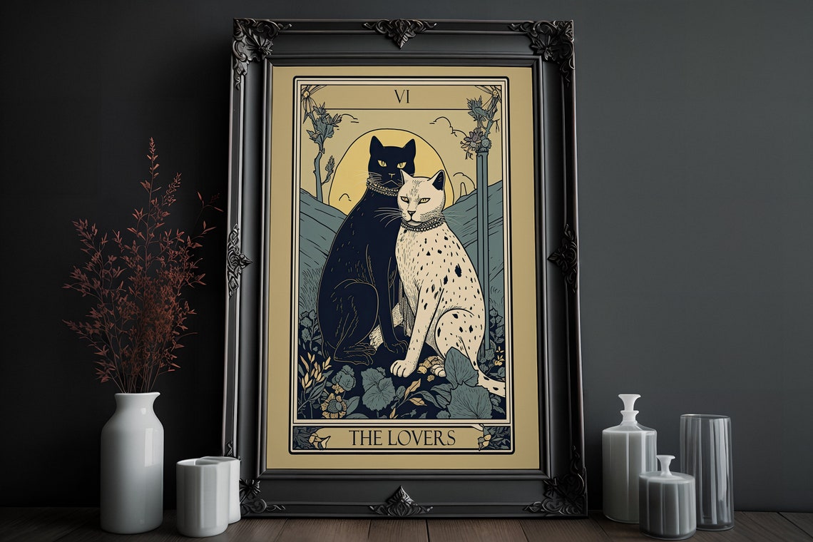 The Lovers Tarot Card Black White Cats Boho Witchy Vintage Art Poster - Image 3