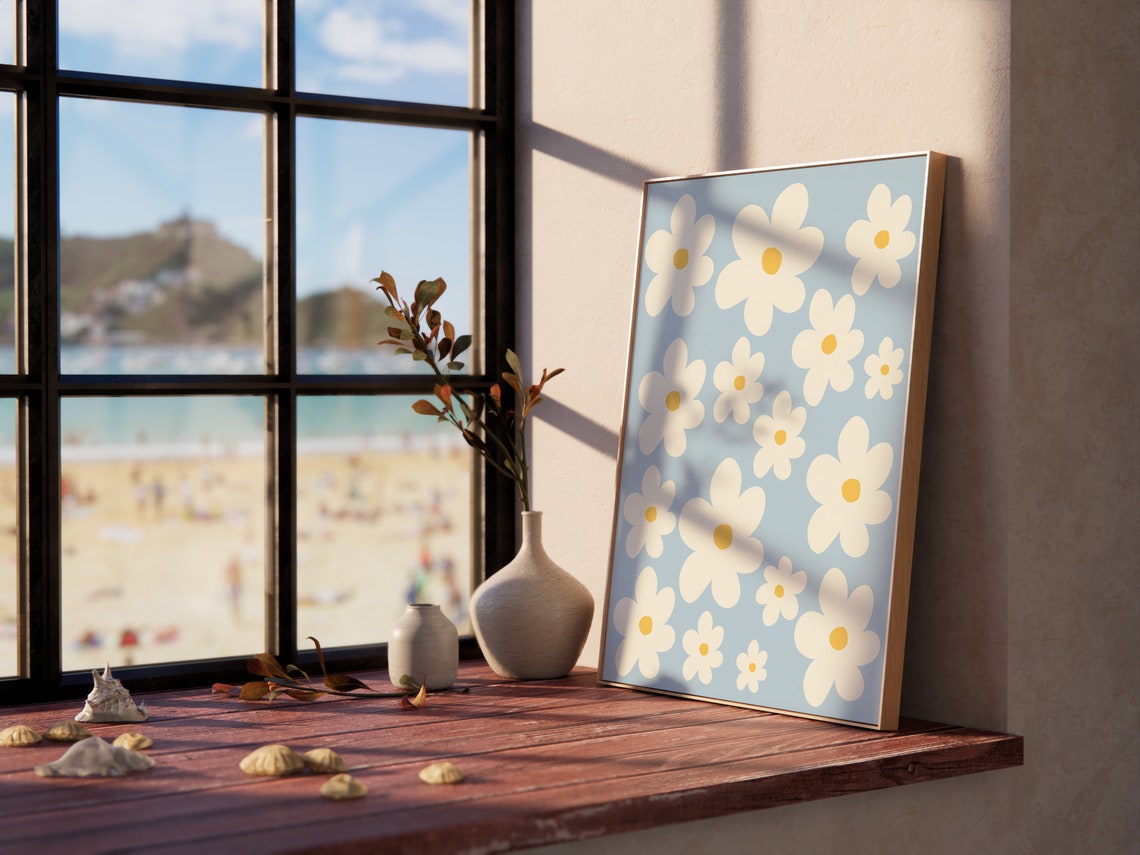 Soft Sky Blue Abstract Daisies Pattern Modern Botanical Poster - Image 3
