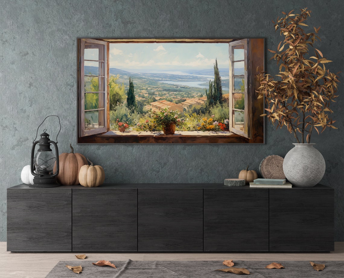 Tuscany Hills Lake View Through Open Window Floral Sill Poster - Image 4