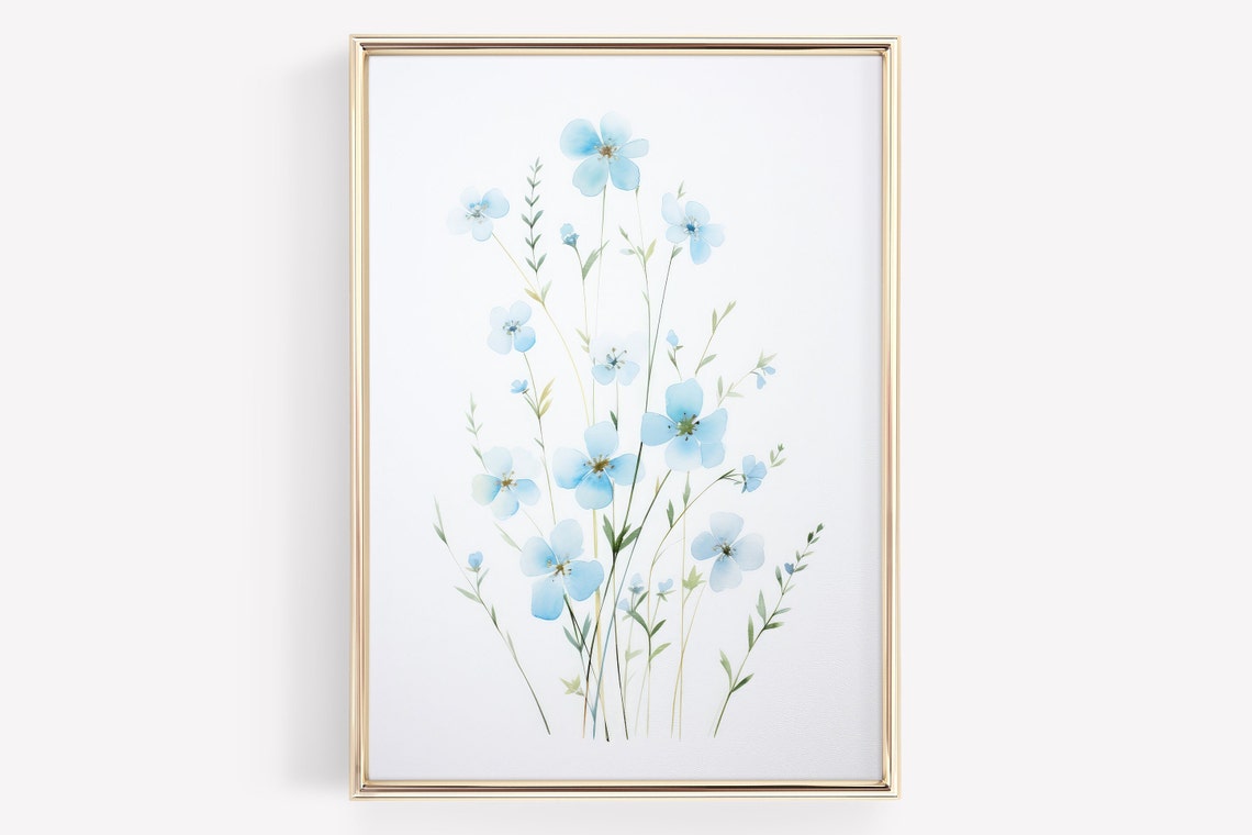 Blue Watercolor Wildflowers Delicate Floral Botanical Poster