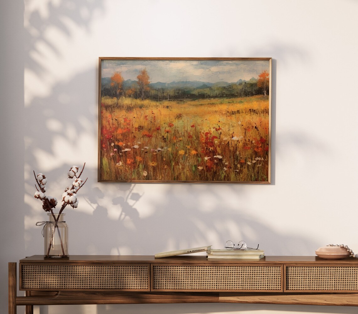 Rustic Autumn Wildflower Meadow Oil Painting Farmhouse Art Print - Image 2