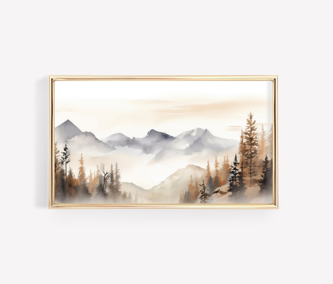 Misty Watercolor Mountain Pines Soft Earth Tone Landscape Poster - Image 2