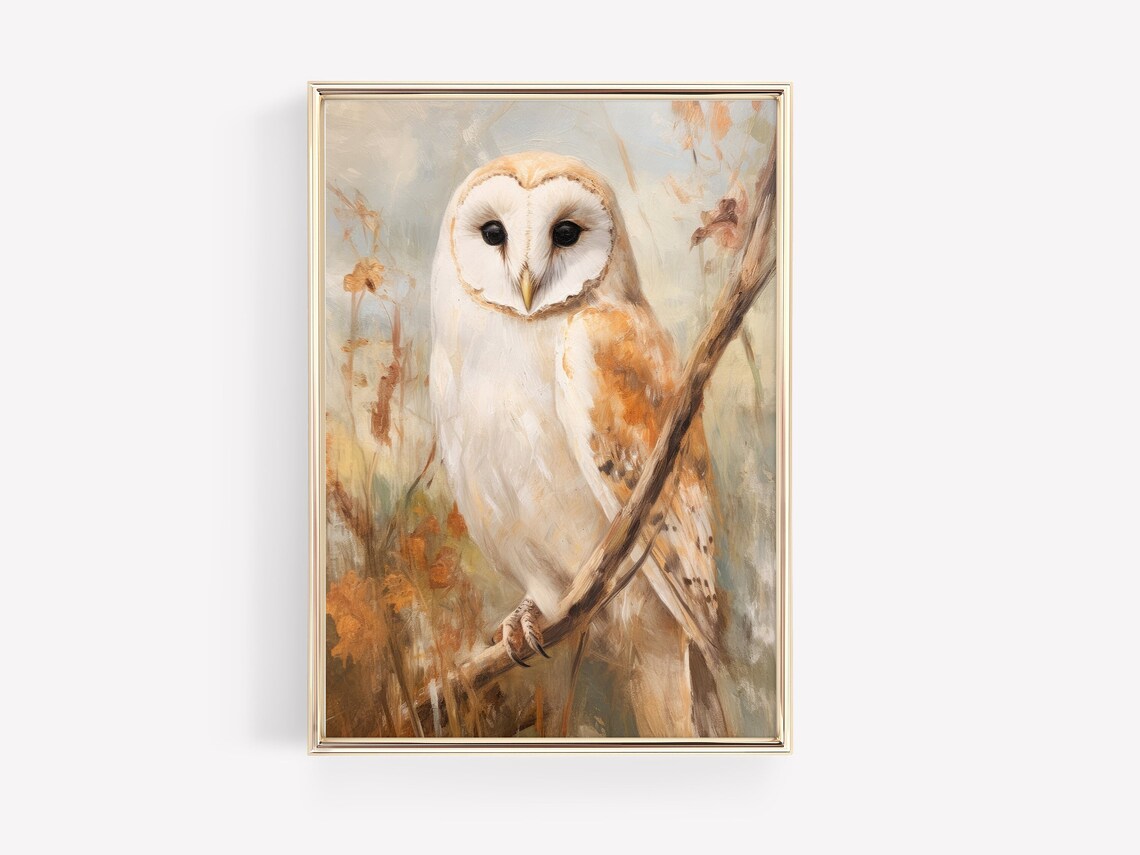 Muted Barn Owl Perched on Branch Autumn Oil Painting Style Poster - Image 2