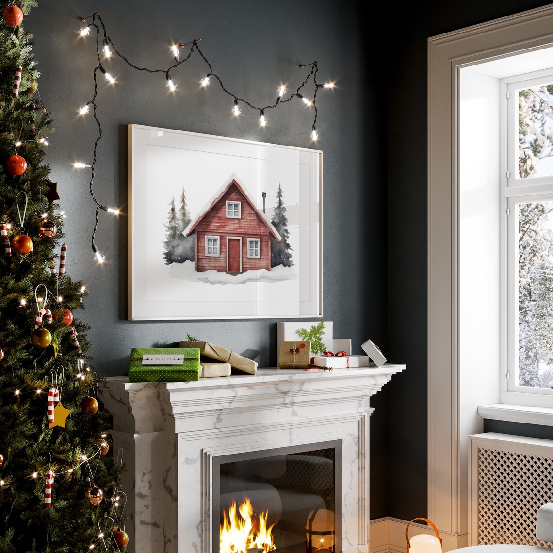 Red Wooden Cabin in the Snow Watercolor Winter Christmas Art Poster - Image 3