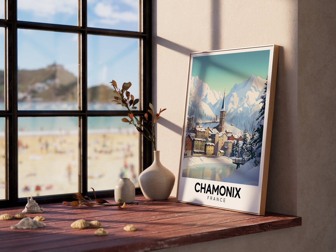 Chamonix France Snowy Alpine Village Church Vintage Ski Travel Poster - Image 3