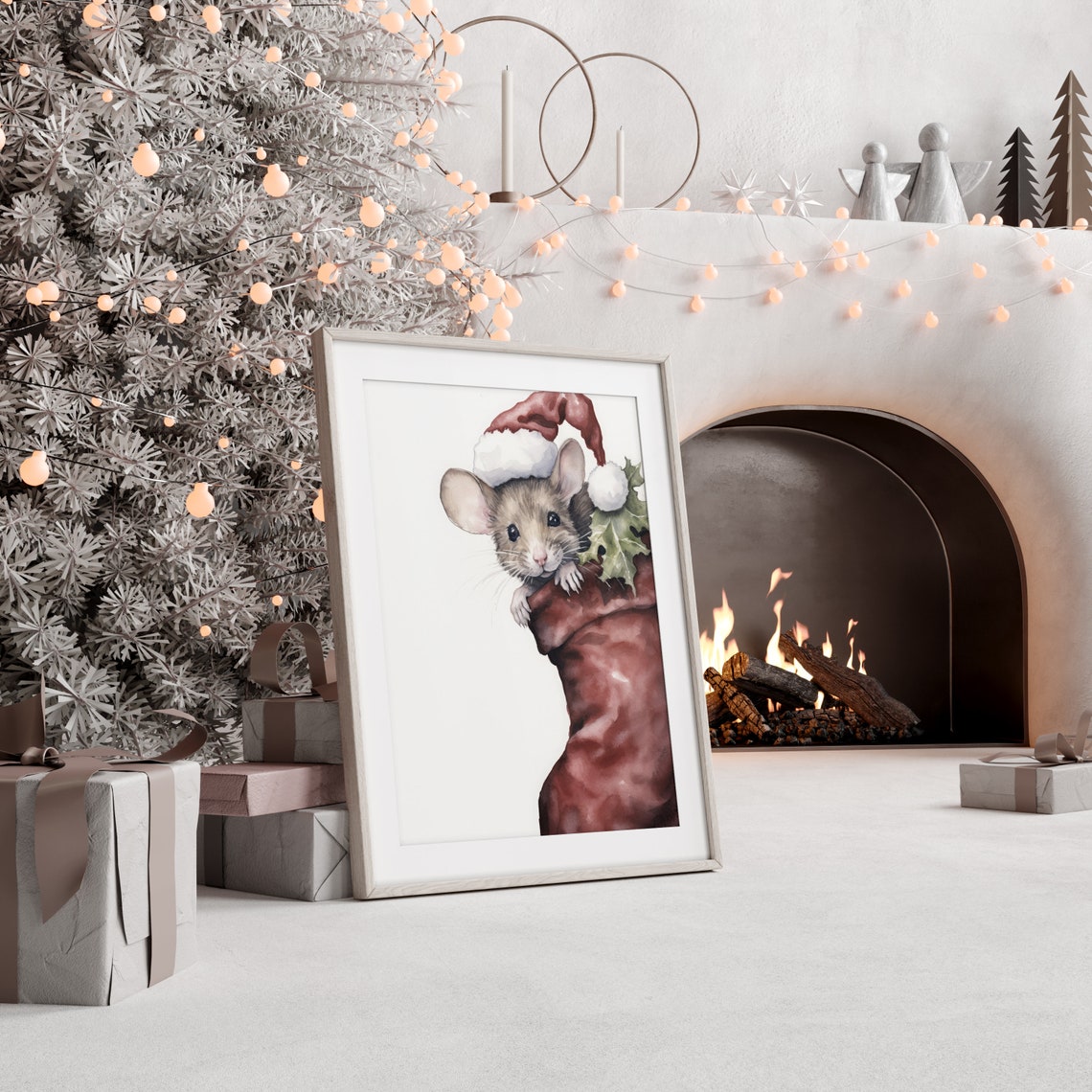 Cute Mouse in Christmas Stocking Santa Hat Watercolor Poster - Image 3