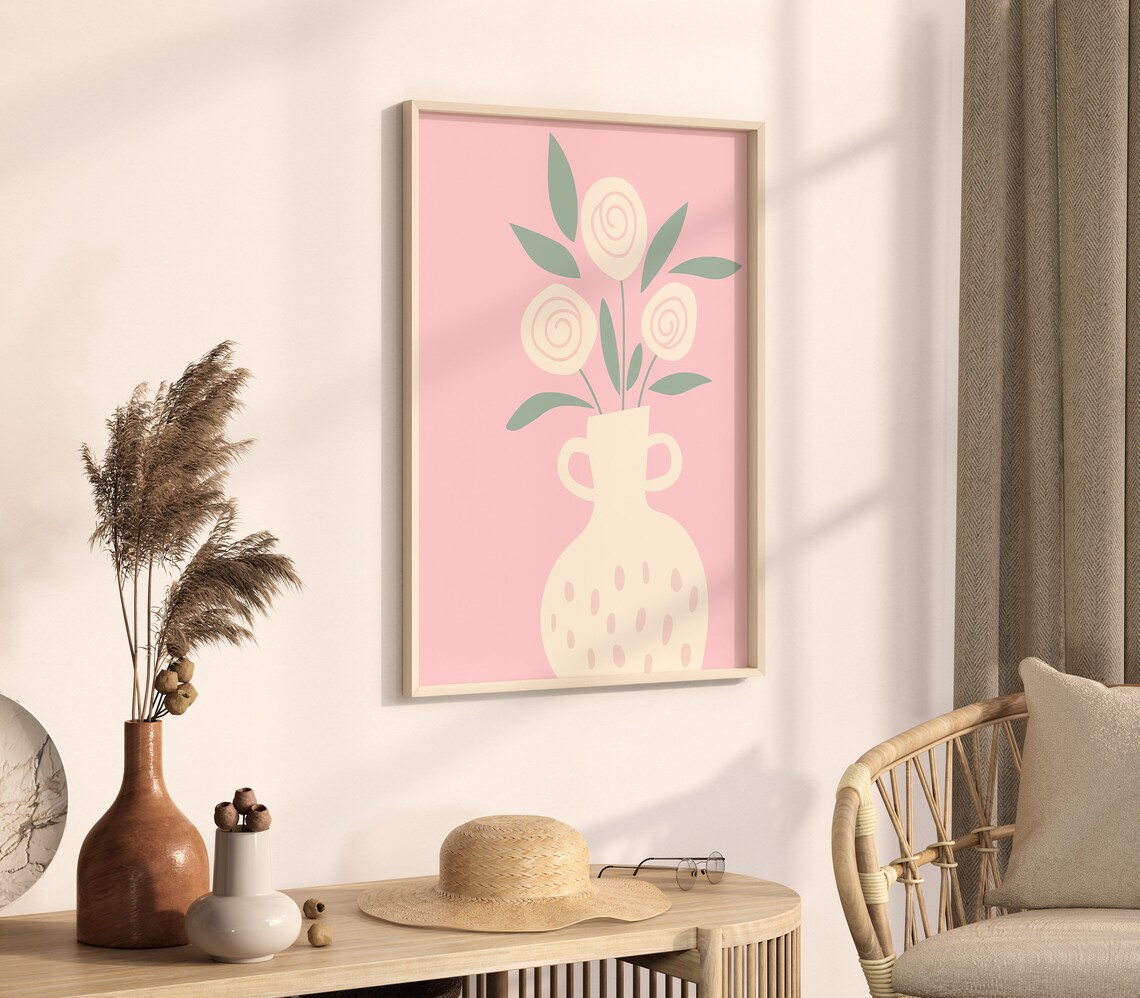 Pink Cream Rose Bouquet Vase Still Life Boho Floral Art Poster - Image 3
