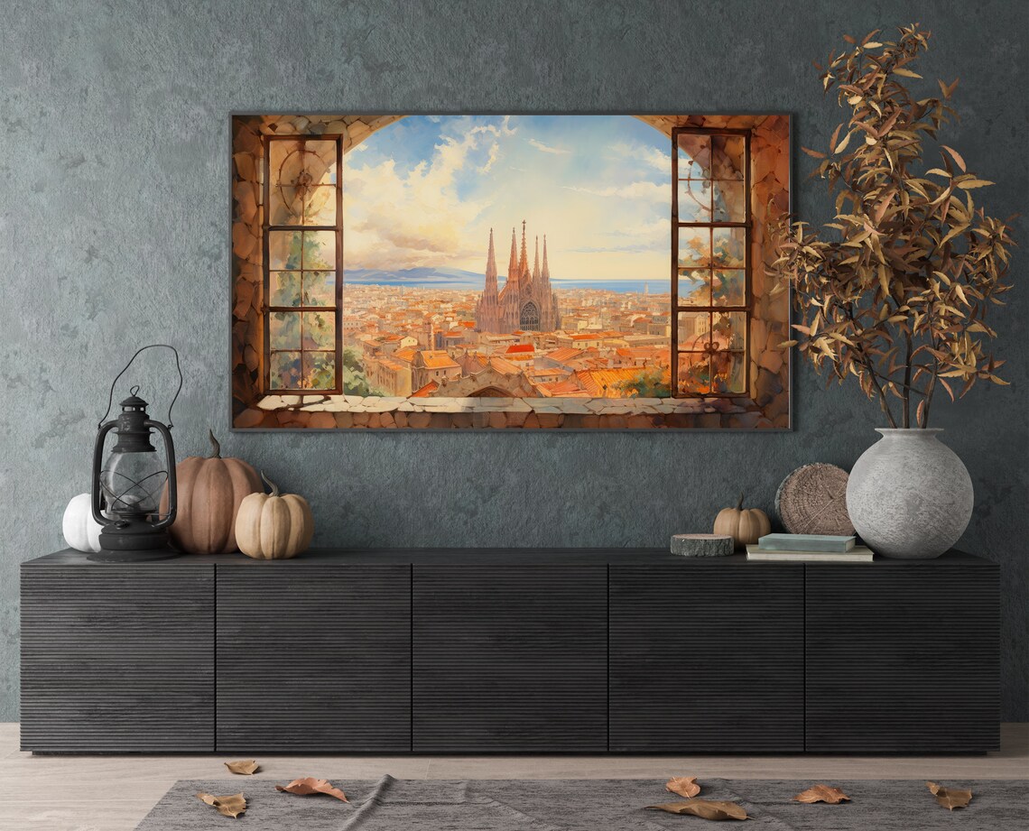 Barcelona Sagrada Familia Old City View Through Stone Window Poster - Image 4