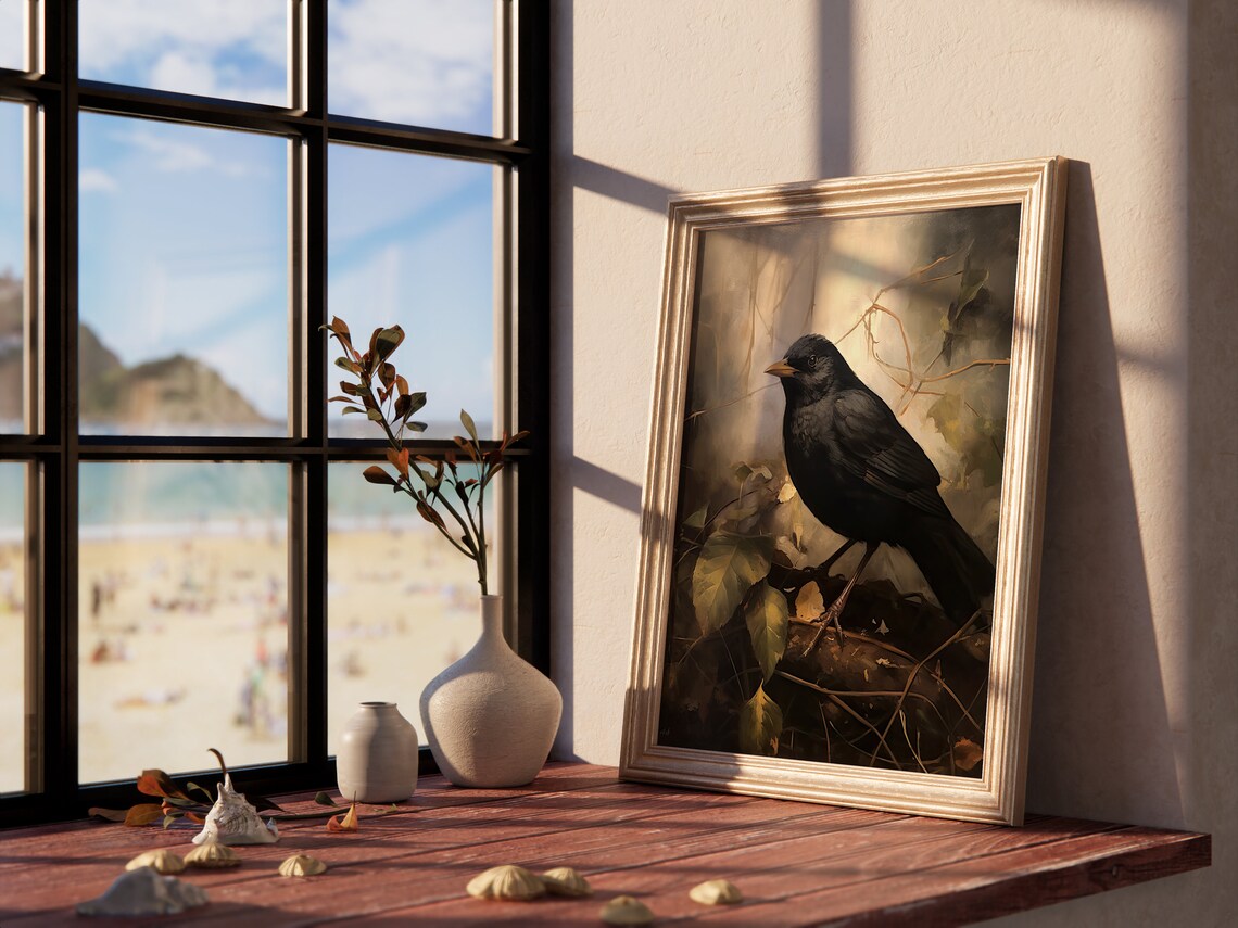 Vintage Blackbird Oil Painting Moody Bird Portrait Art Print - Image 4