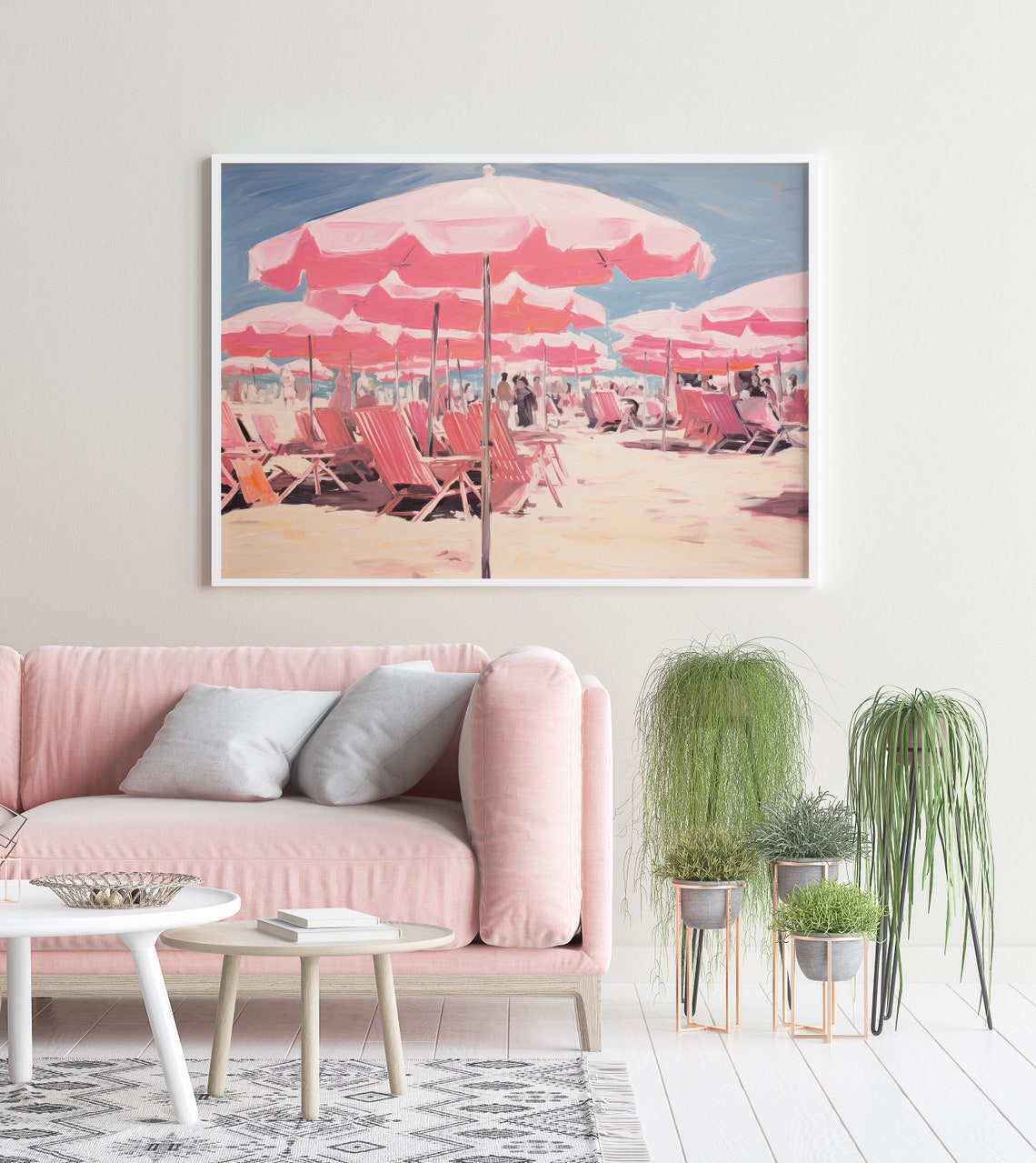 Pink Parasols Beach Chairs Sunny Pastel Seaside Resort Summer Poster - Image 2