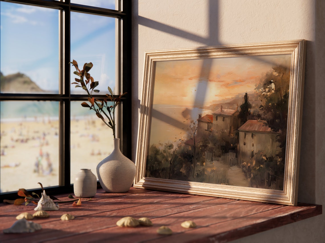 Mediterranean Coast Sunset Seaside Village Golden Hour Art Poster - Image 4