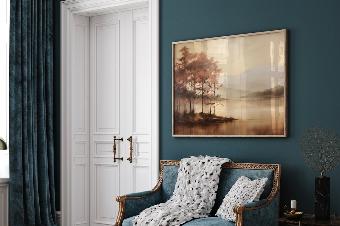 Muted Autumn Lake Landscape With Golden Trees Vintage Poster - Image 3