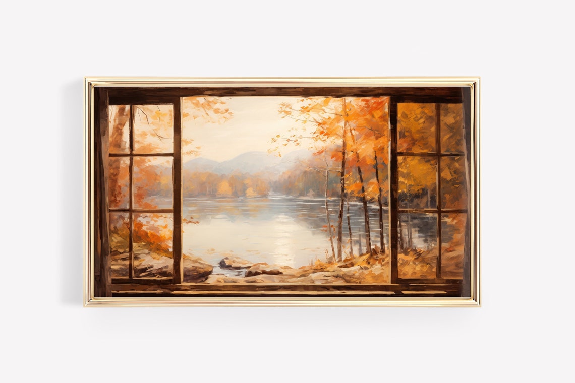 Serene Autumn Lake View Through Cabin Window Orange Trees Poster - Image 2