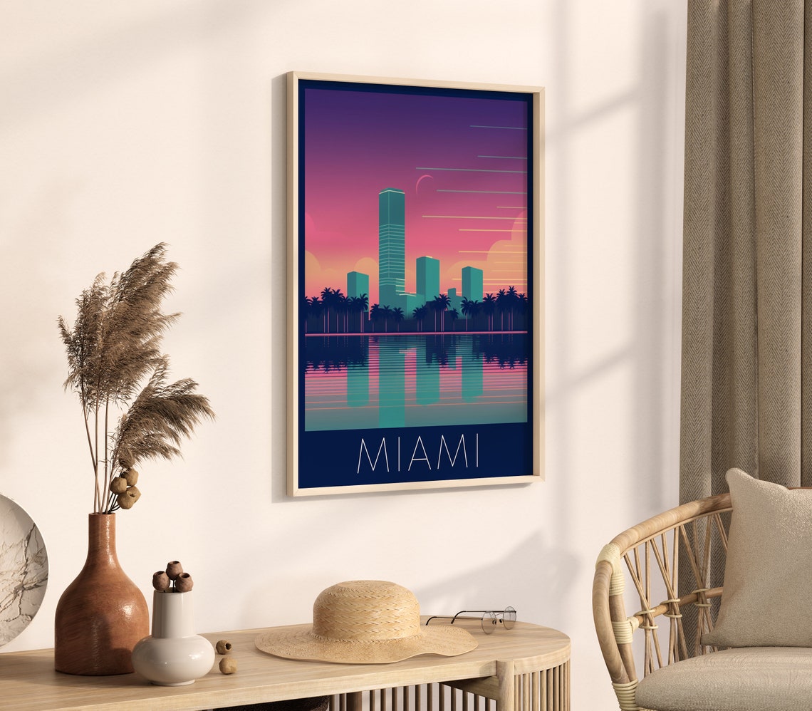 Miami Florida Retro Neon Sunset Skyline Palms Wave Travel Poster - Image 4