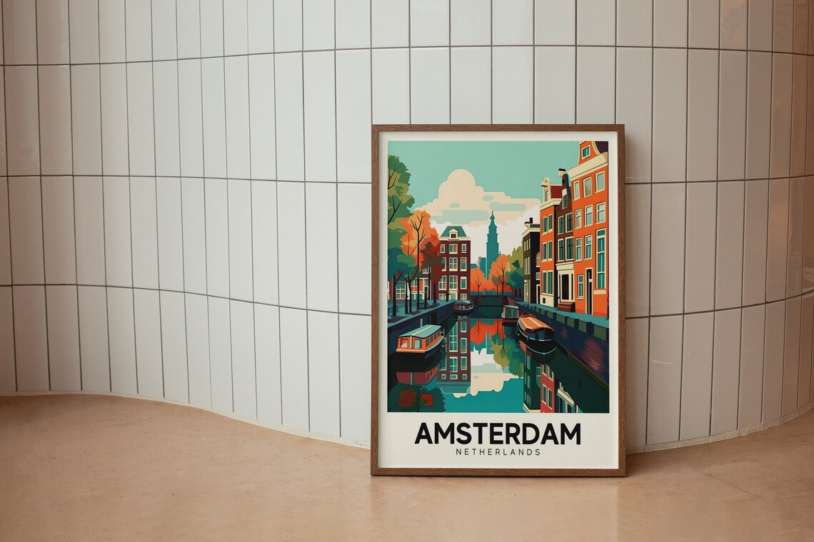 Amsterdam Netherlands Retro Canal Houses Boats Colorful Travel Poster - Image 2