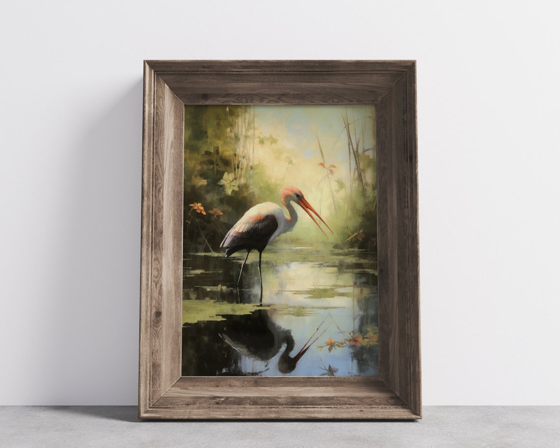 Roseate Spoonbill Wading Marsh Vintage Wildlife Painting Poster - Image 3