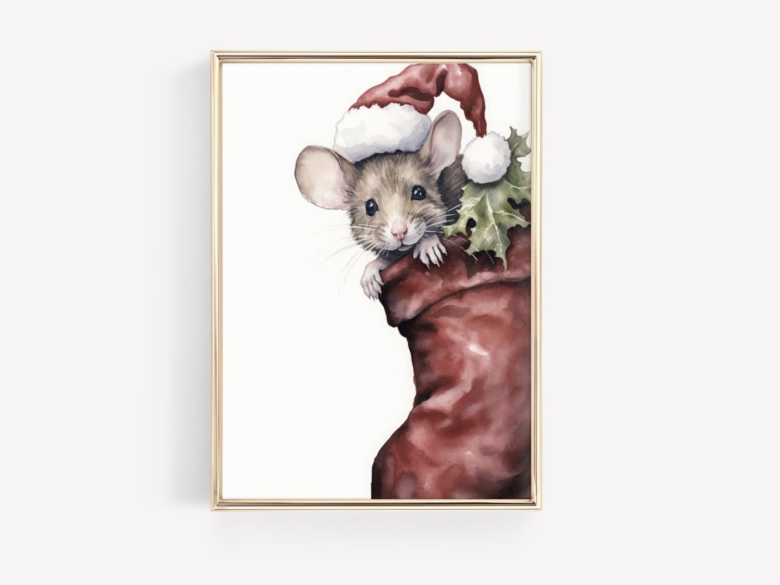 Cute Mouse in Christmas Stocking Santa Hat Watercolor Poster - Image 4