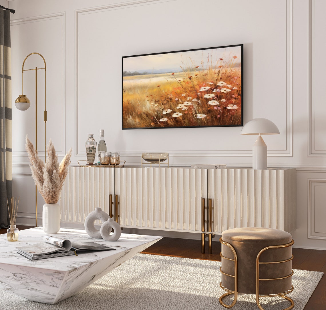 White Wildflowers in Golden Fall Field Vintage Landscape Poster - Image 4