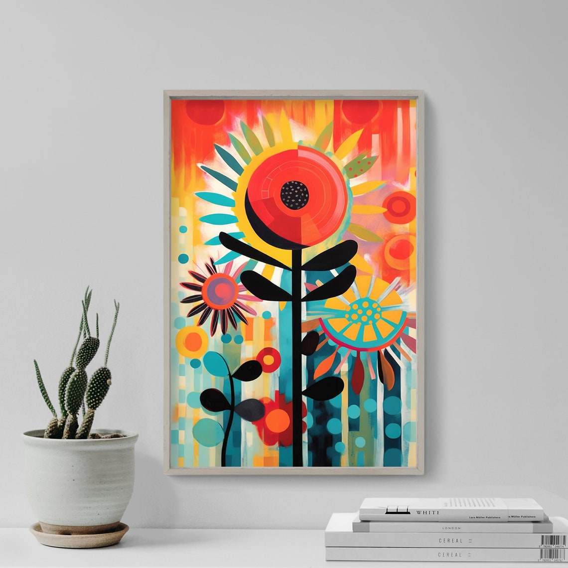 Vibrant Abstract Poppy Flowers Red Orange Teal Modern Art Poster