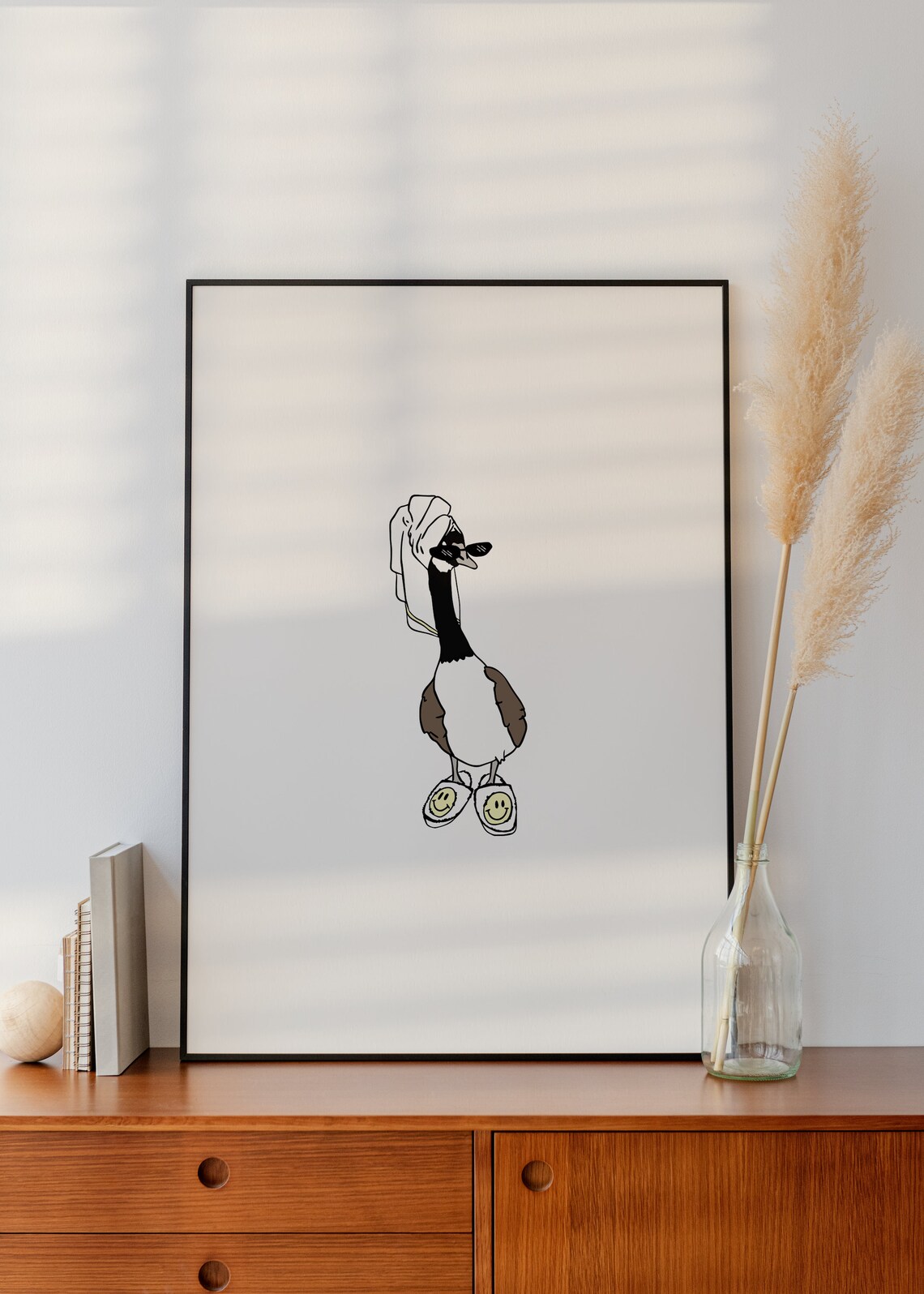 Goose in Smiley Face Slippers, Cute Bathroom Art Print